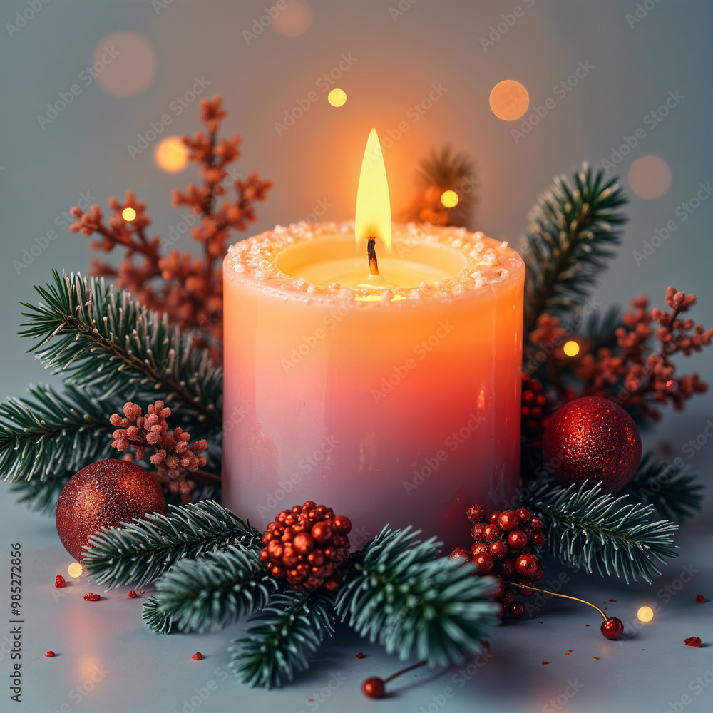 Lit candle on top of a pink candle holder, surrounded by Christmas decorations such as pine cones and berries. Lit candle on top of a pink candle holder, surrounded by Christmas decorations such as pine cones and berries.