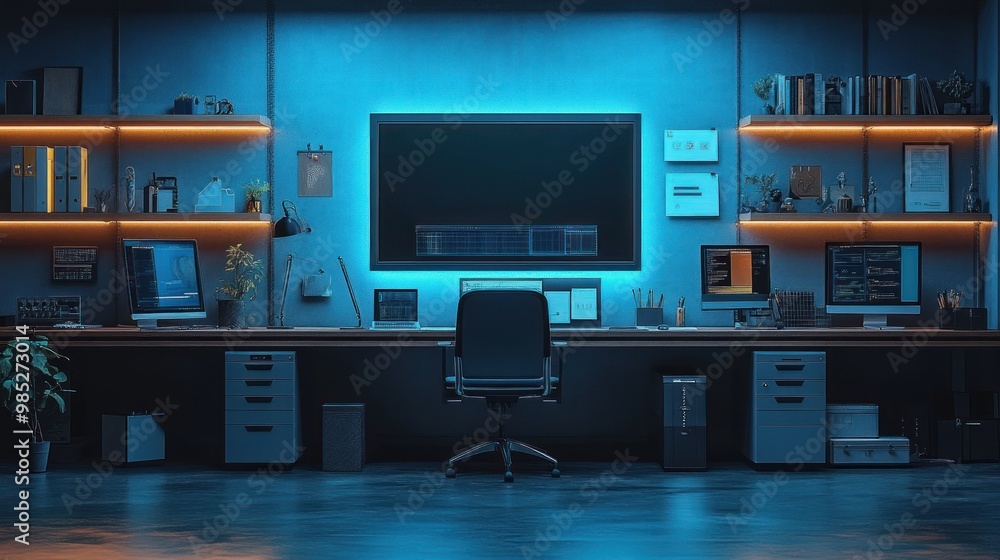 Modern workspace with ambient lighting and organized shelves. Modern workspace with ambient lighting and organized shelves.
