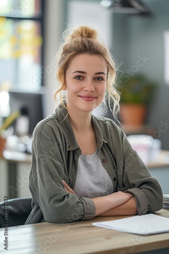 Free Download Young Caucasian woman focuses on work at desk in modern office. Blonde hair, casual gray shirt, computer monitor, and notebook fill scene. Natural light pours through window, showcasing trees outside. - GFXLoad