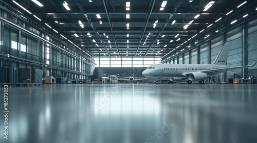 A spacious aircraft hangar with planes and bright lighting for maintenance and storage.