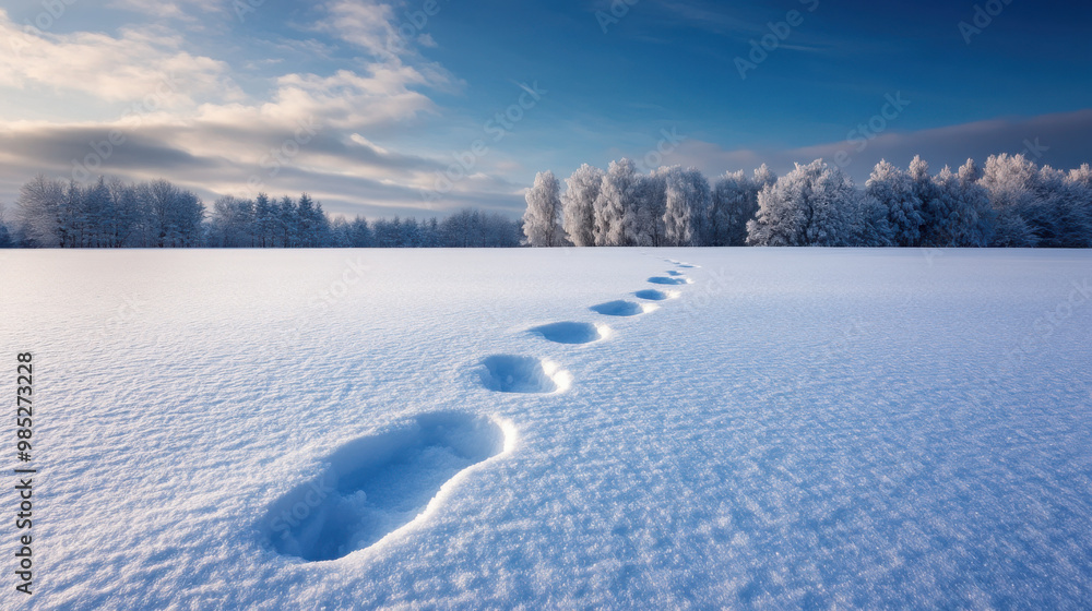A pair of footprints in freshly fallen snow, leading across an open field towards a distant forest. A pair of footprints in freshly fallen snow, leading across an open field towards a distant forest.