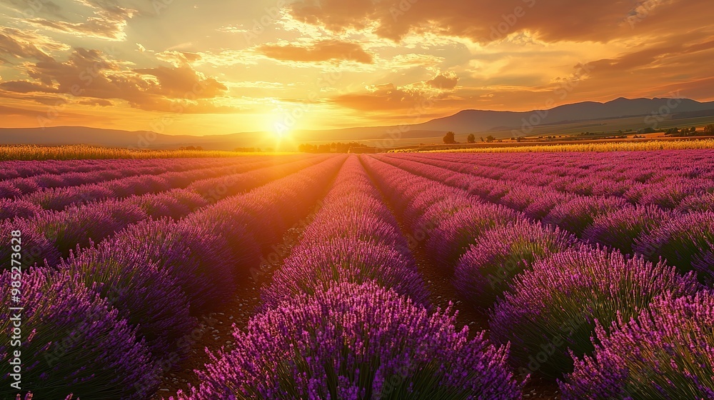 Lavender field at sunset with golden light shining through the rows of purple flowers. Lavender field at sunset with golden light shining through the rows of purple flowers.