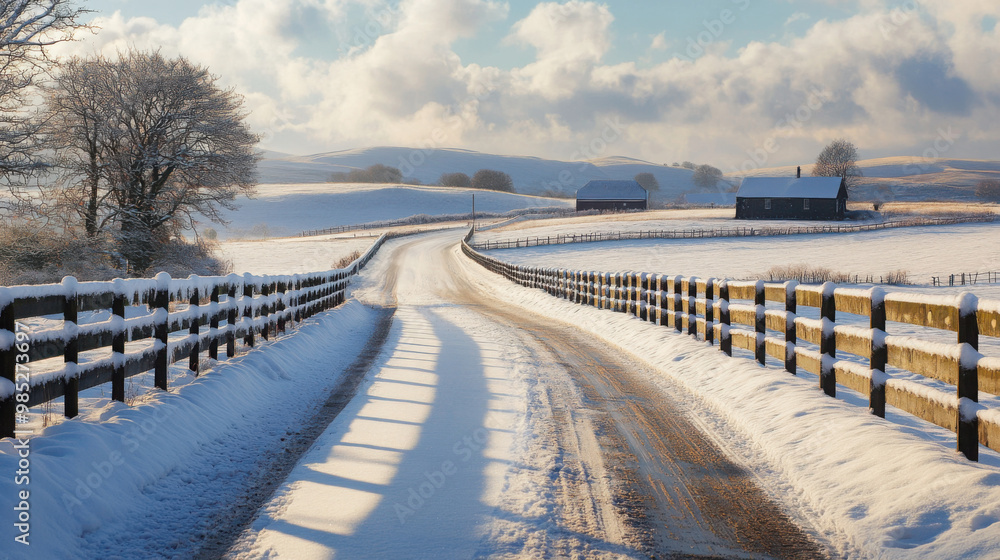 A snow-covered fence lining a quiet country road, with rolling hills and a distant farmhouse in the background. A snow-covered fence lining a quiet country road, with rolling hills and a distant farmhouse in the background.