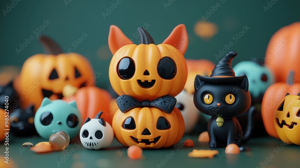A festive Halloween of adorable black cats and jack-o'-lantern pumpkins and Halloween decorations A festive Halloween of adorable black cats and jack-o'-lantern pumpkins and Halloween decorations