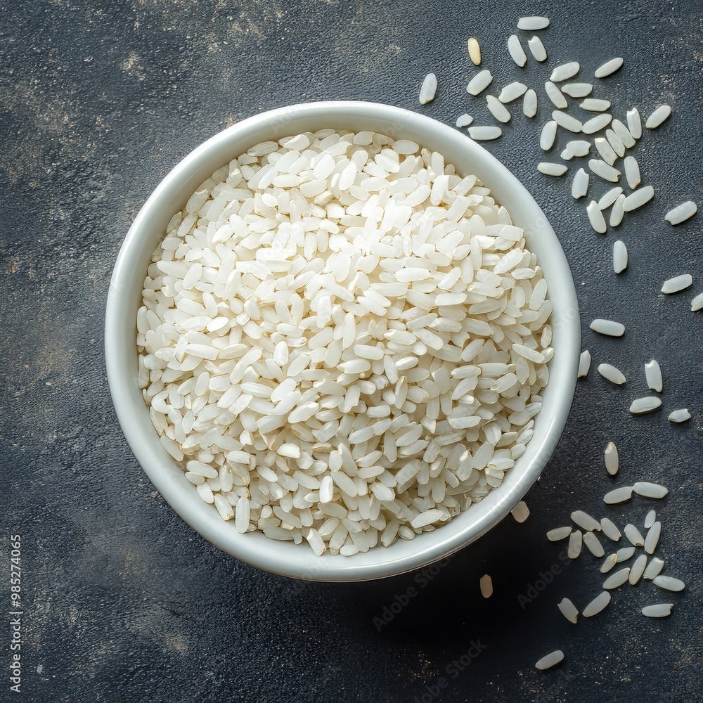 high quality top view photo of raw dry rice grains in a white bowl ...