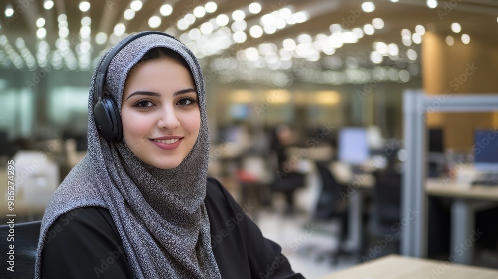 smiling young hijab woman sitting at her desk smiling young hijab woman sitting at her desk