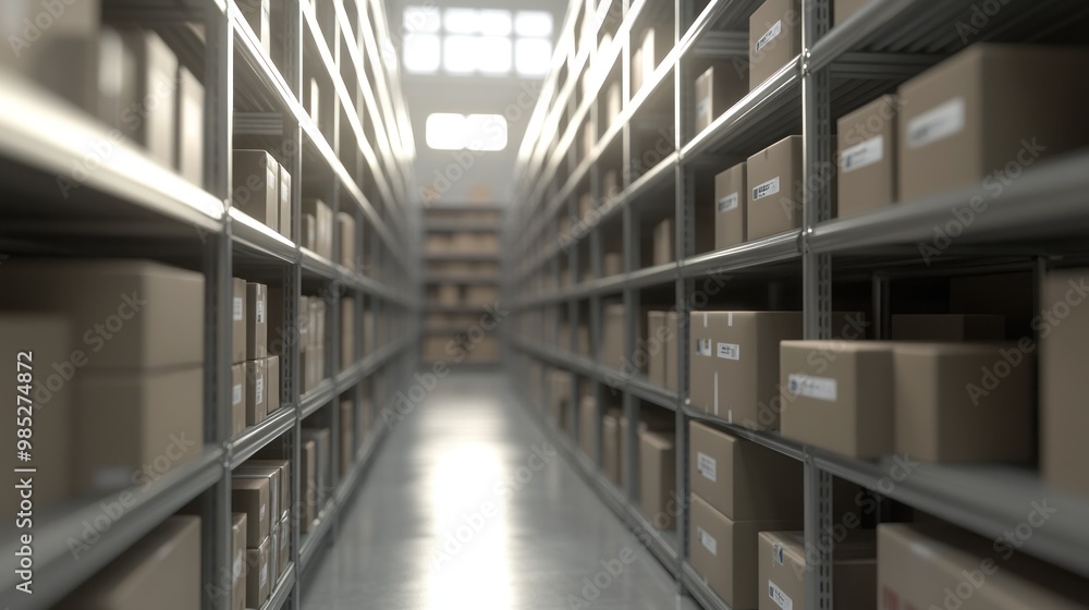 A view of a warehouse aisle filled with neatly stacked boxes on metal shelves. A view of a warehouse aisle filled with neatly stacked boxes on metal shelves.
