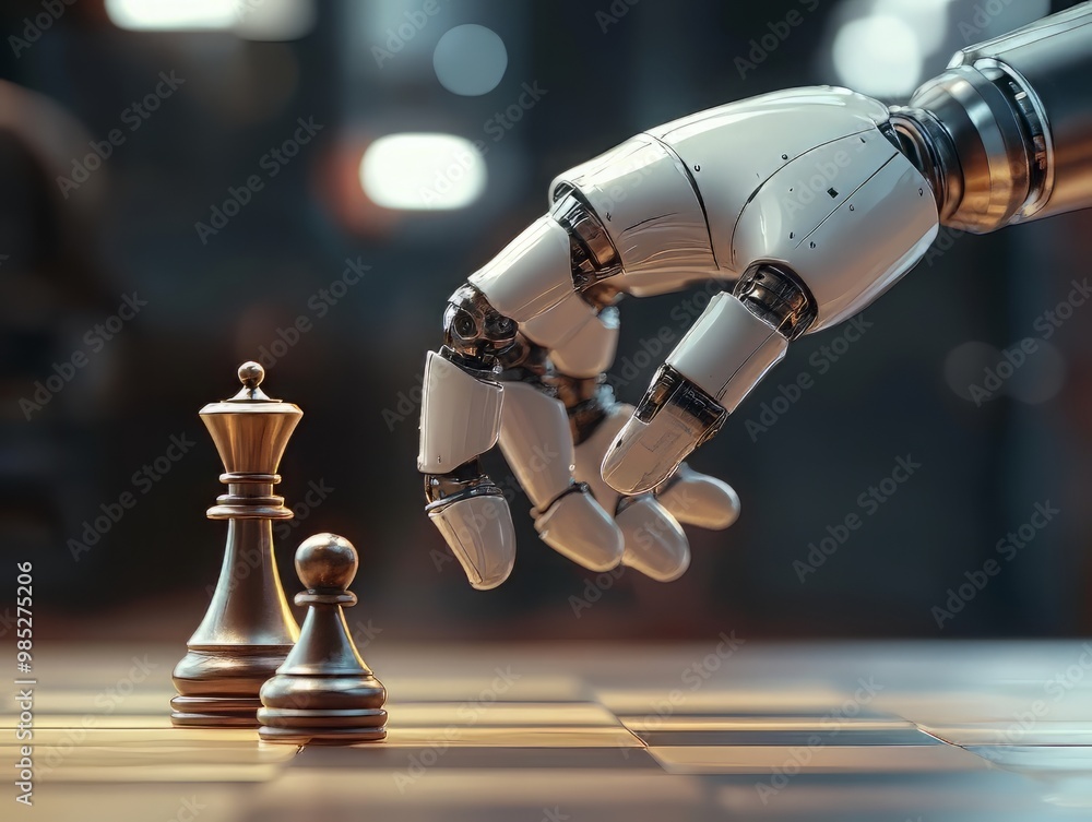 robotic hand delicately moving a chess pawn symbolizing the integration of artificial intelligence and strategic decision making ideal for technology themed designs business innovation