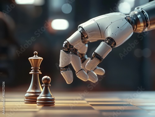 Obraz na płótnie robotic hand delicately moving a chess pawn symbolizing the integration of artificial intelligence and strategic decision making ideal for technology themed designs business innovation w salonie