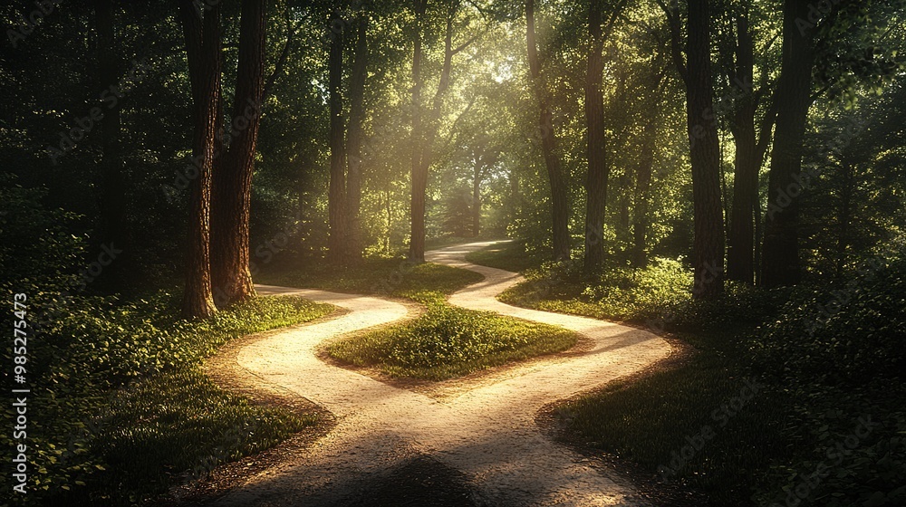 A serene forest pathway where the trail splits into three distinct ...