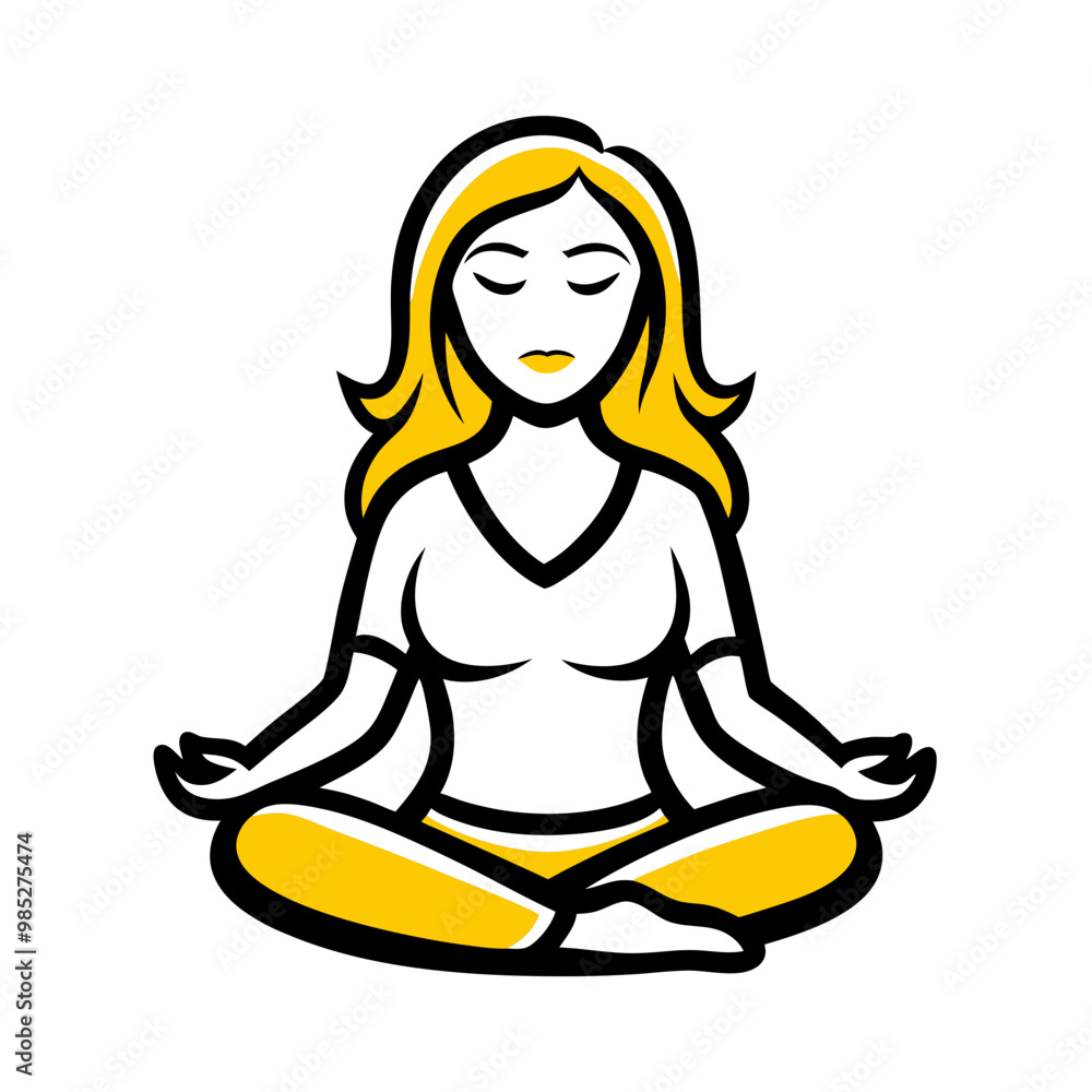 Illustration of a tranquil woman meditating in a cross-legged position, serene and mindful style, copy space Illustration of a tranquil woman meditating in a cross-legged position, serene and mindful style, copy space