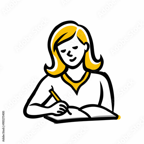 Illustration of a focused woman writing in a notebook, studious and engaged style, copy space
