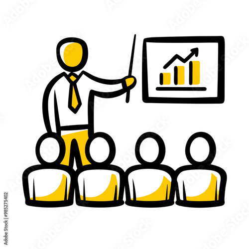 Illustration of a presenter teaching a group with a growth graph on the screen, professional and educational style, copy space
