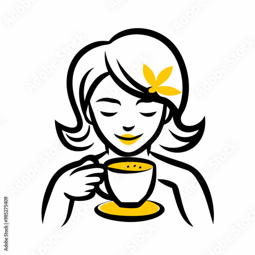 Illustration of a serene woman enjoying a cup of tea with a leaf decoration, calming and peaceful style, copy space