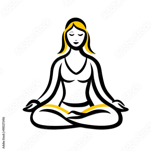 Illustration of a serene woman meditating in a lotus position, peaceful and mindful style, copy space