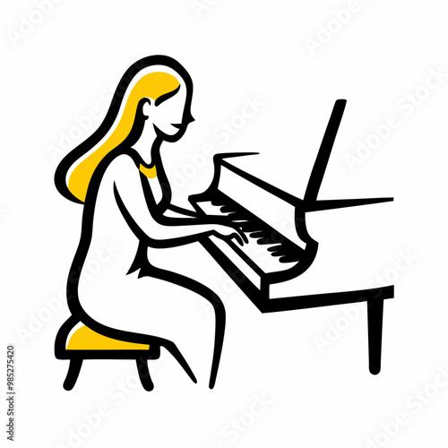 Illustration of a woman playing the piano, artistic and passionate style, copy space