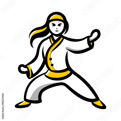 Illustration of a woman practicing martial arts in a dynamic stance, focused and energetic style, copy space