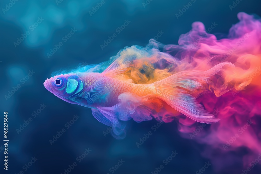 Surreal digital art depicting a vibrant colorful fish swimming amidst a swirling ethereal atmosphere of smoke like effects creating a captivating otherworldly and fantastical underwater scene Surreal digital art depicting a vibrant colorful fish swimming amidst a swirling ethereal atmosphere of smoke like effects creating a captivating otherworldly and fantastical underwater scene