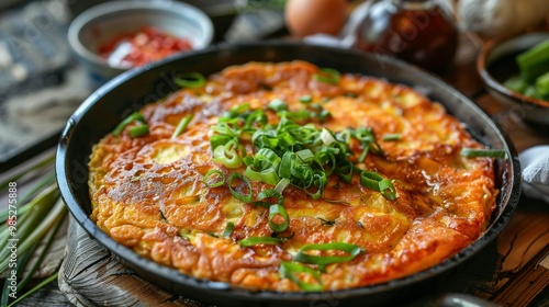 Front View of Pan-Fried Korean Kimchi Pancakes (Kimchi Jeon)