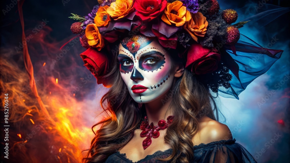 An elegant woman dons a captivating Halloween costume, featuring dramatic makeup and striking accessories, perfectly An elegant woman dons a captivating Halloween costume, featuring dramatic makeup and striking accessories, perfectly