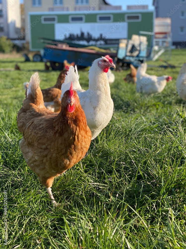 Fototapeta premium A close-up shot of a brown hen standing on a grassy field. The hen’s bright red comb and wattles stand out against its brown feathers, which glisten in the sunlight. The background is softly blurred, 