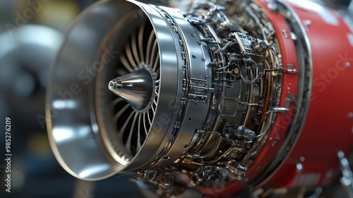Close-up of a detailed aircraft jet engine showcasing intricate components and engineering design.