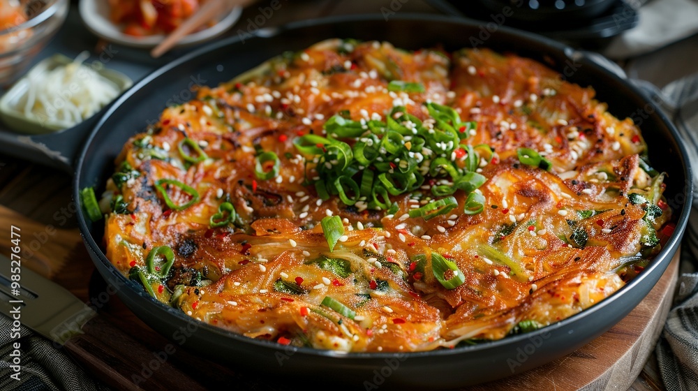 Pan-Fried Korean Kimchi Pancakes (Kimchi Jeon): Front Perspective View Pan-Fried Korean Kimchi Pancakes (Kimchi Jeon): Front Perspective View
