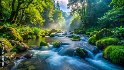 A peaceful river meanders through vibrant green foliage, steam gently rising, creating a serene atmosphere in an