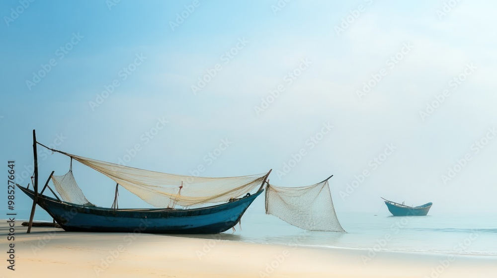 A serene beach scene featuring fishing boats and nets along the shoreline. A serene beach scene featuring fishing boats and nets along the shoreline.