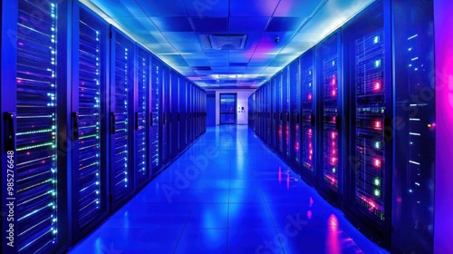 A corridor of illuminated server racks in a data center showcasing technology infrastructure.