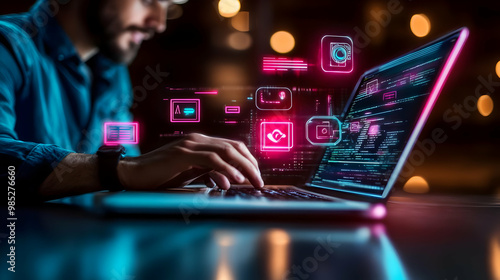 Man Working On Laptop With ...