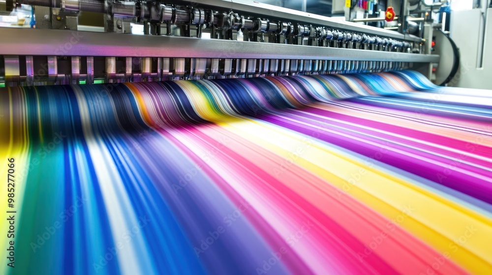 A vibrant printing press producing colorful patterns on paper. A vibrant printing press producing colorful patterns on paper.