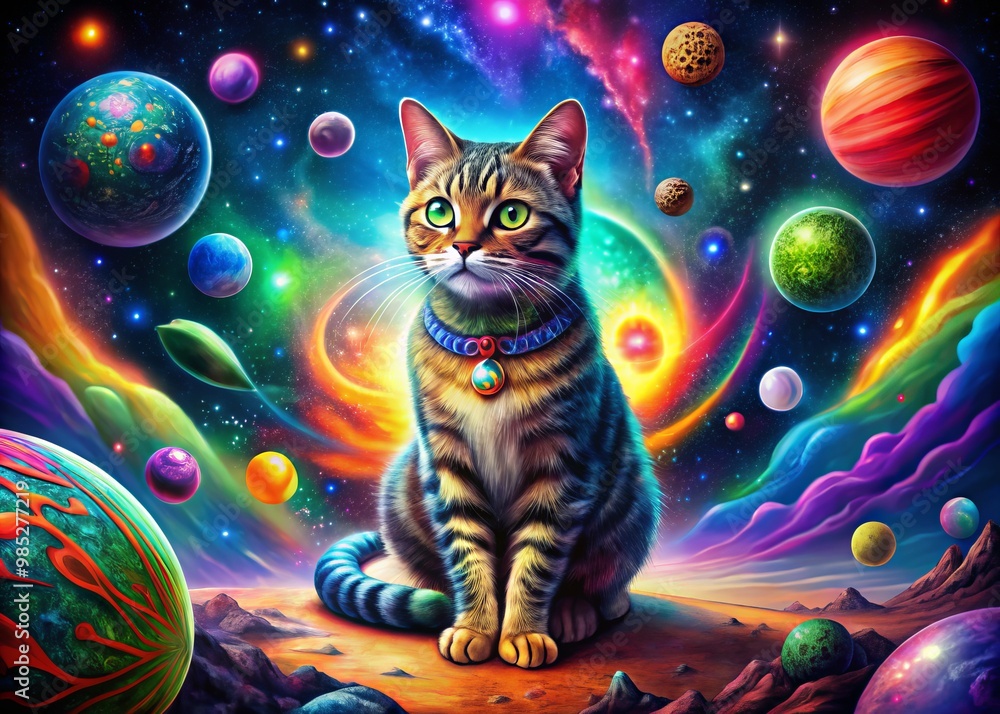 A playful extraterrestrial cat frolics through a vibrant cosmic scene, adorned with swirling colors, shimmering stars, A playful extraterrestrial cat frolics through a vibrant cosmic scene, adorned with swirling colors, shimmering stars,