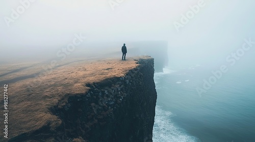 Solitary figure standing on a cliff overlooking a misty ocean.