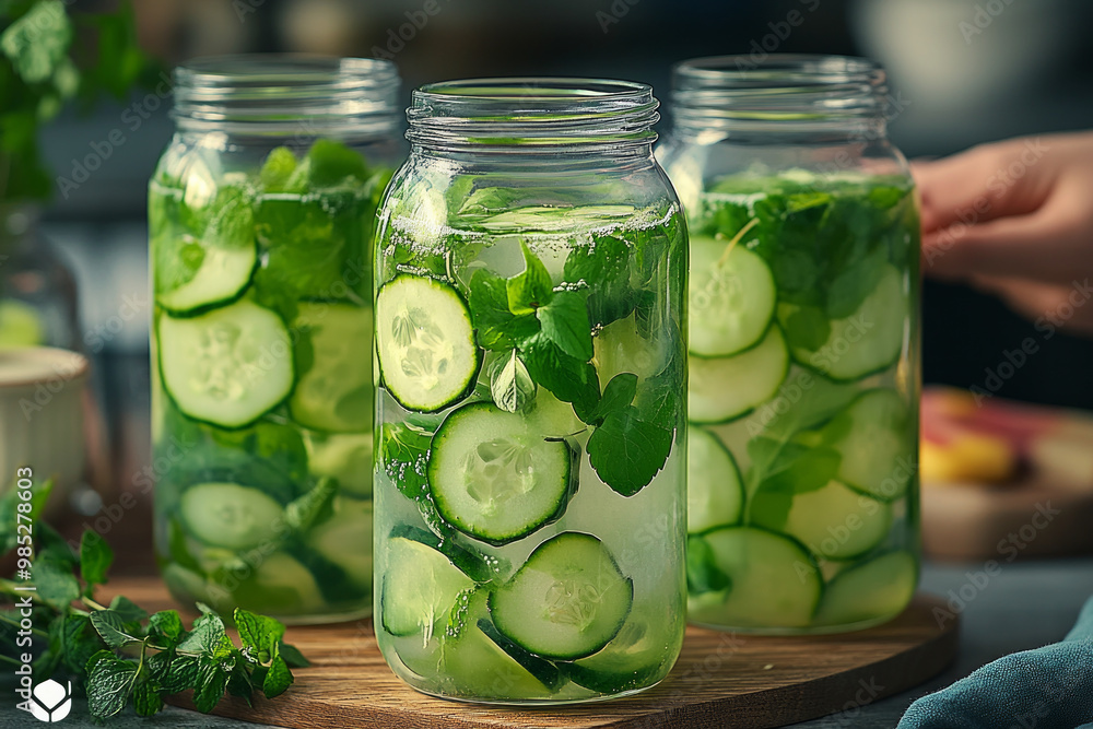 Three mason jars filled with cucumber slices and mint Three mason jars filled with cucumber slices and mint