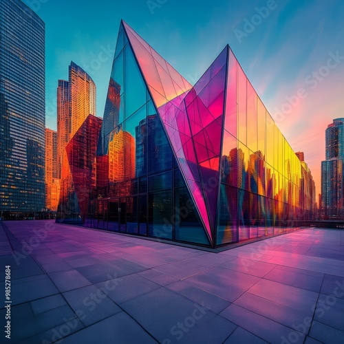 Modern Architectural Marvel with Vibrant Reflections at Sunset