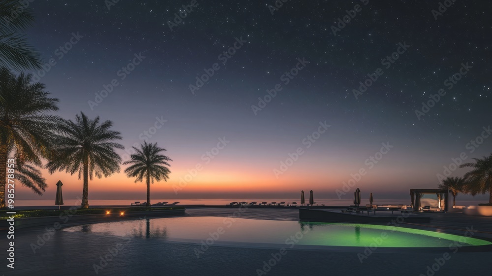 A serene and patriotic visual for Saudi National Day, depicting a luxury beach resort under a calm, starry night that transitions to a vibrant sunrise. The scene showcases green and white colors A serene and patriotic visual for Saudi National Day, depicting a luxury beach resort under a calm, starry night that transitions to a vibrant sunrise. The scene showcases green and white colors