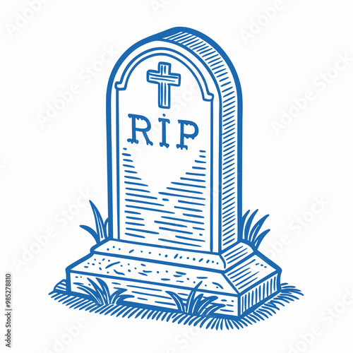 Illustration of a classic tombstone with the inscription RIP, somber and respectful style, copy space