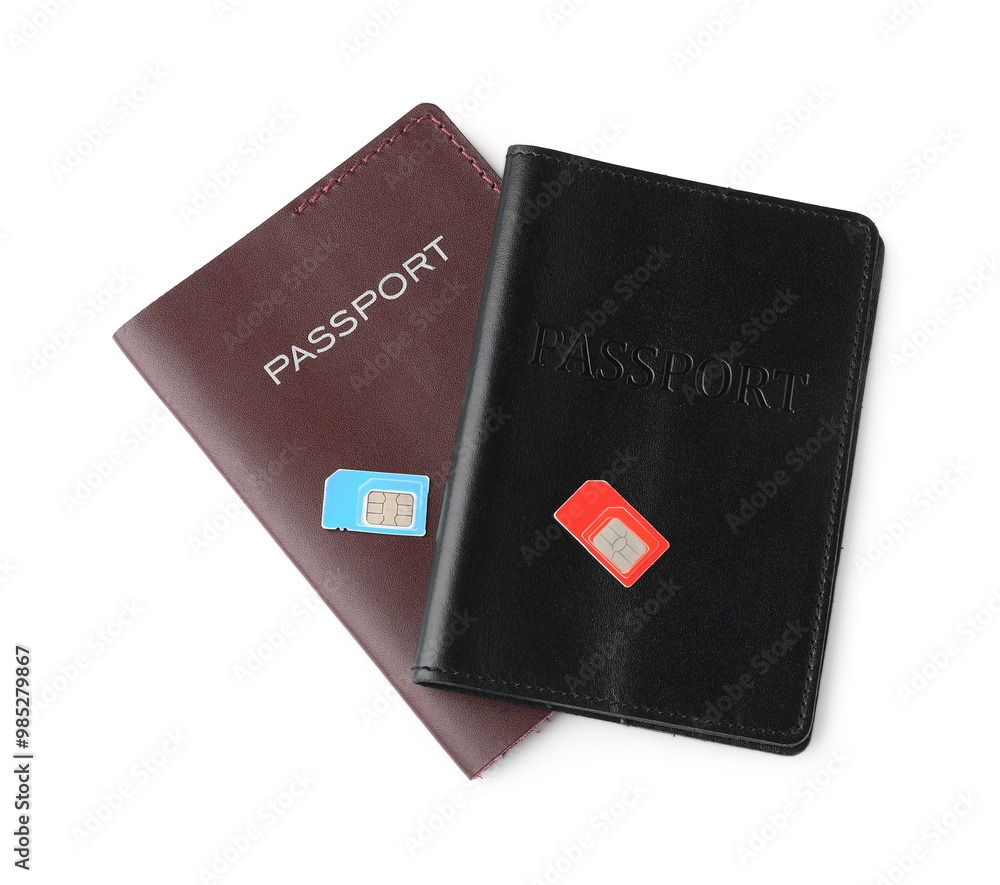 Passports and SIM cards isolated on white, top view Passports and SIM cards isolated on white, top view