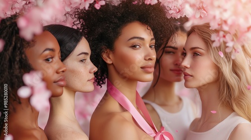 Four diverse women stand together in a field of pink flowers, symbolizing unity and beauty.