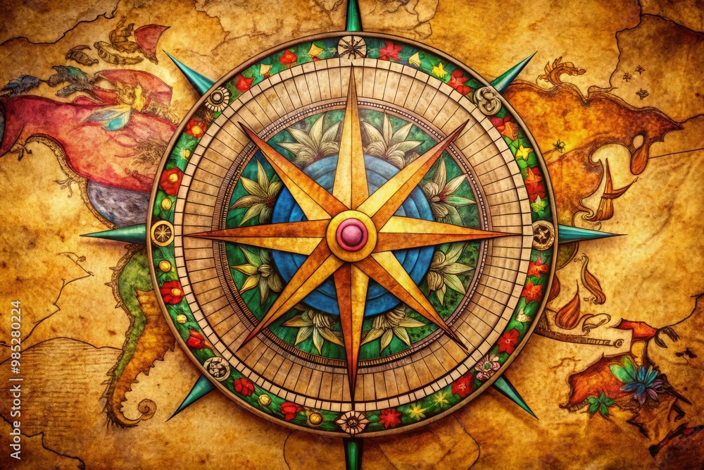 Obraz premium A vintage compass rose with detailed artistry on textured, aged paper, perfect for themes of navigation and travel,