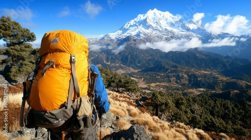 A hiker with an orange backpack gazes at a majestic snow-capped mountain landscape.