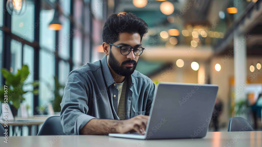 an Indian software engineer working on laptop in modern office, portrait of a man working on laptop an Indian software engineer working on laptop in modern office, portrait of a man working on laptop