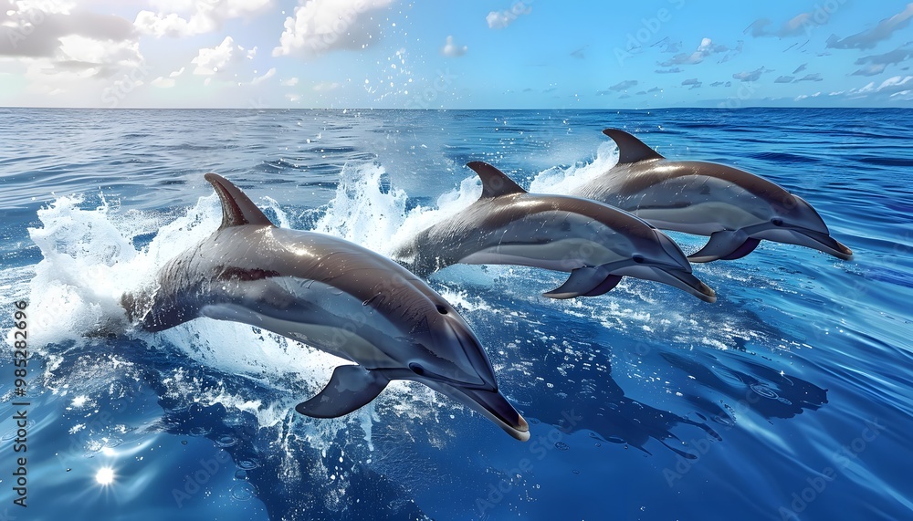 Naklejka premium Dolphins swimming and playing in ocean.
