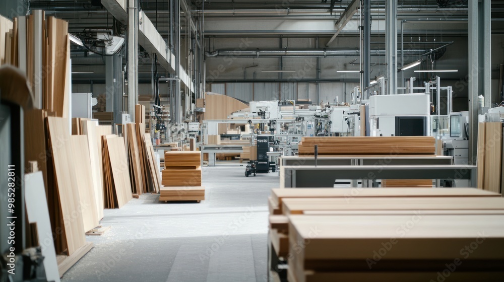 A spacious industrial workshop with wooden materials and machinery. A spacious industrial workshop with wooden materials and machinery.