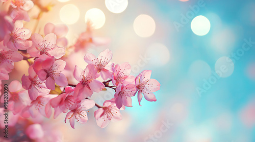 Springtime Cherry Blossom Flowers with Blue and White Bokeh Background for Banner