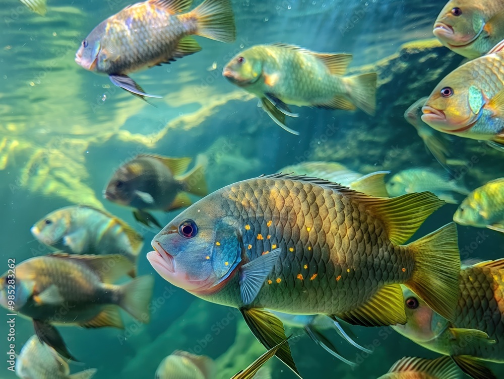 Close-up of school of Spotted tilapia fish in calm underwater scene. Tropical fish swim together in blue waters, surrounded by coral reef, ocean plants. Fish move freely, showcasing natural behavior. Close-up of school of Spotted tilapia fish in calm underwater scene. Tropical fish swim together in blue waters, surrounded by coral reef, ocean plants. Fish move freely, showcasing natural behavior.