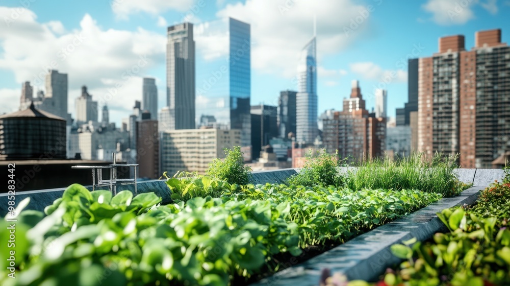 A rooftop garden thriving amidst a city skyline, showcasing urban agriculture. A rooftop garden thriving amidst a city skyline, showcasing urban agriculture.