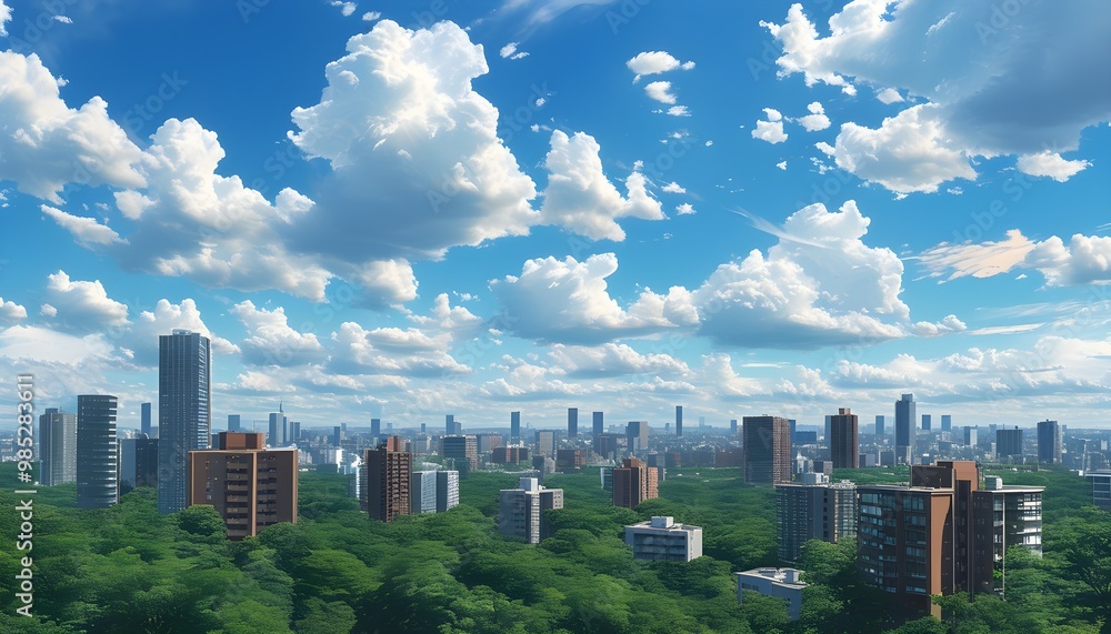 View of serene cityscape featuring high-rise buildings under a calming sky with ...