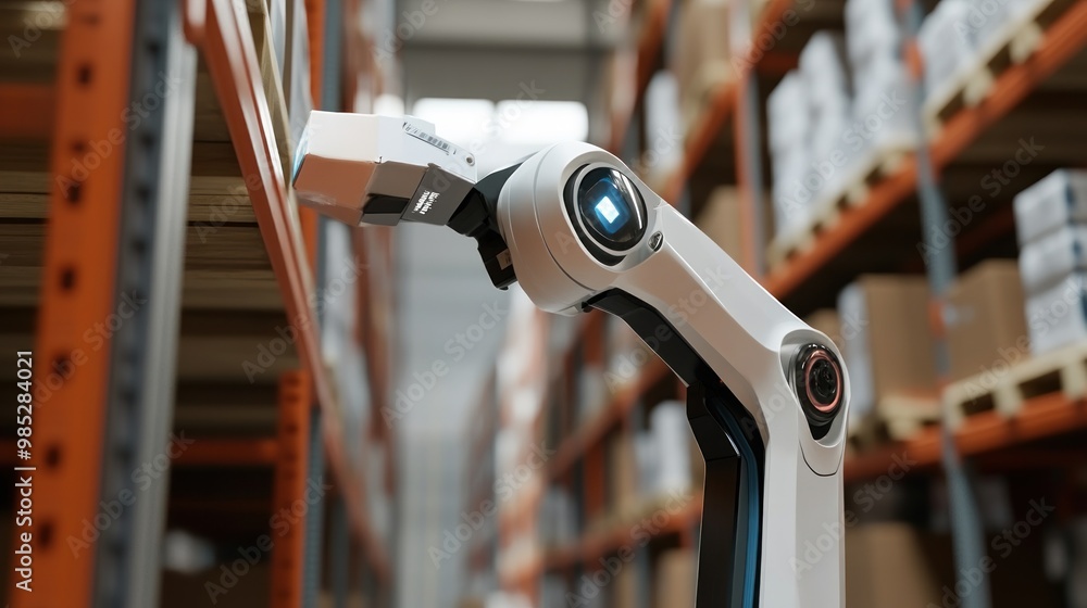 A robotic arm in a warehouse setting, designed for automation and inventory management. A robotic arm in a warehouse setting, designed for automation and inventory management.